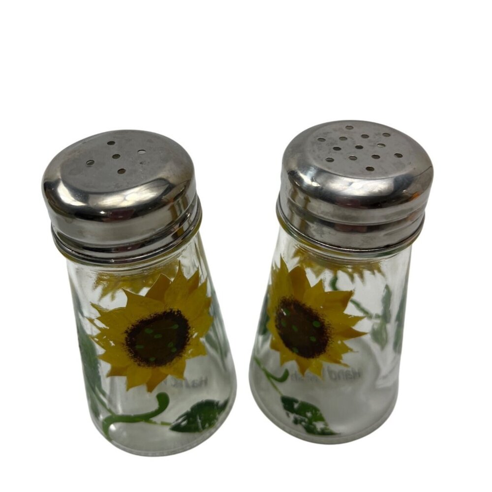 Vintage Sunflower Glass Salt & Pepper Shakers W/ Stainless Steel Lids Hand Wash